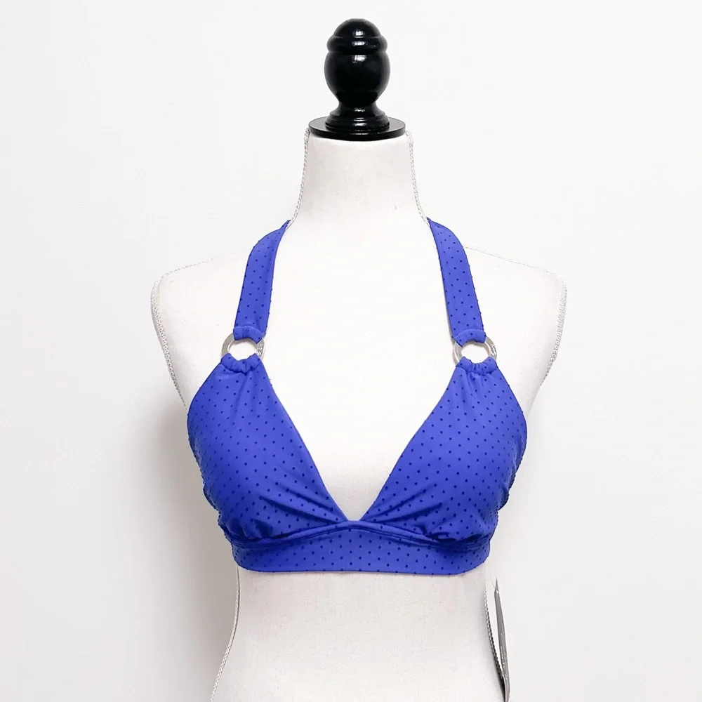 Skye Cobalt Blue Velveteen Polka Dot Halter Wireless Rings Bikini Top NWT Small